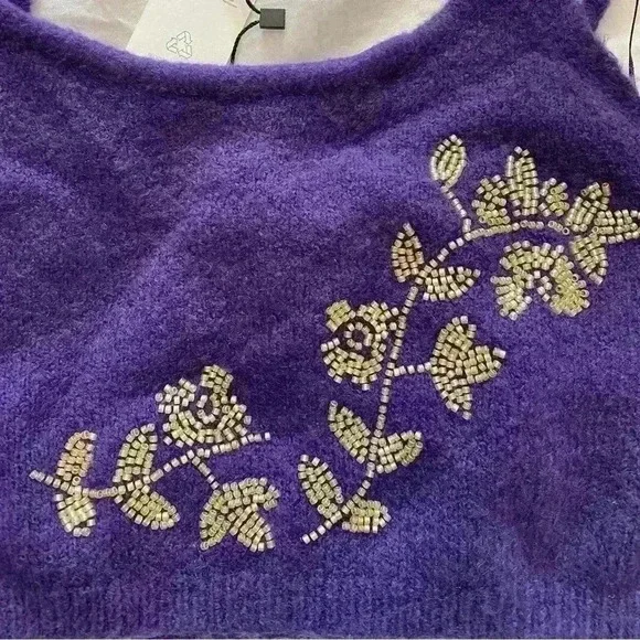 ❣️Zara Dark Purple Flower Beaded Wool Knit Crop Top NWT Size Small, smoke free - Picture 3 of 14